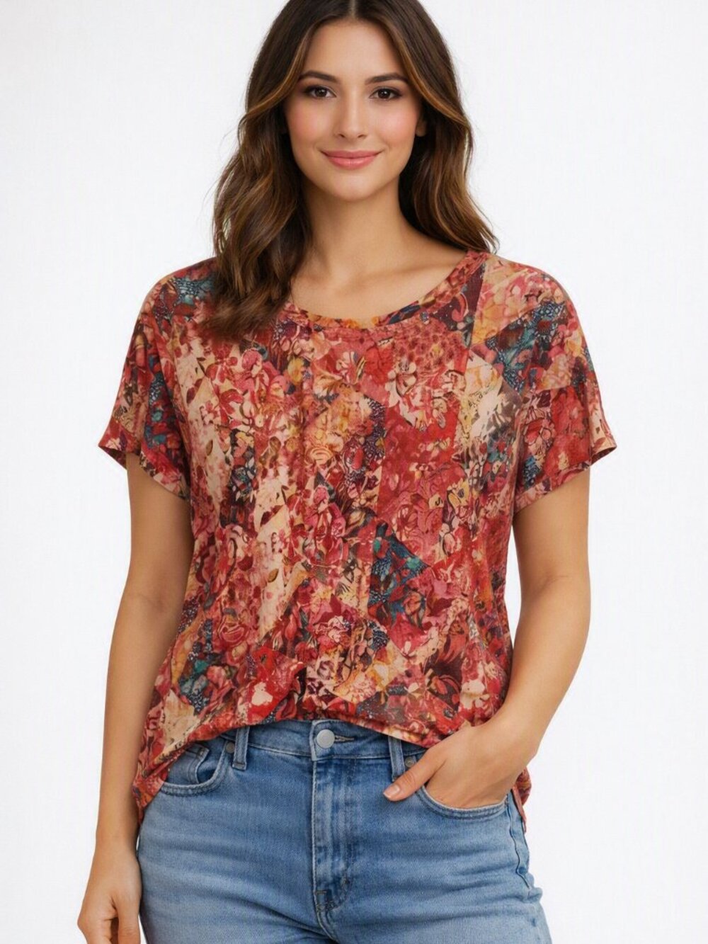 Peruvian Connection Floral Boxy Top Orange/Pink Crew Neck Size Large